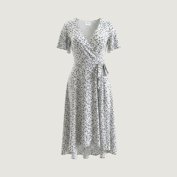 Sienna Sky Dresses & Skirts - Sienna Sky Women Blue Floral High Low Wrap Dress Short Flutter Sleeve White S